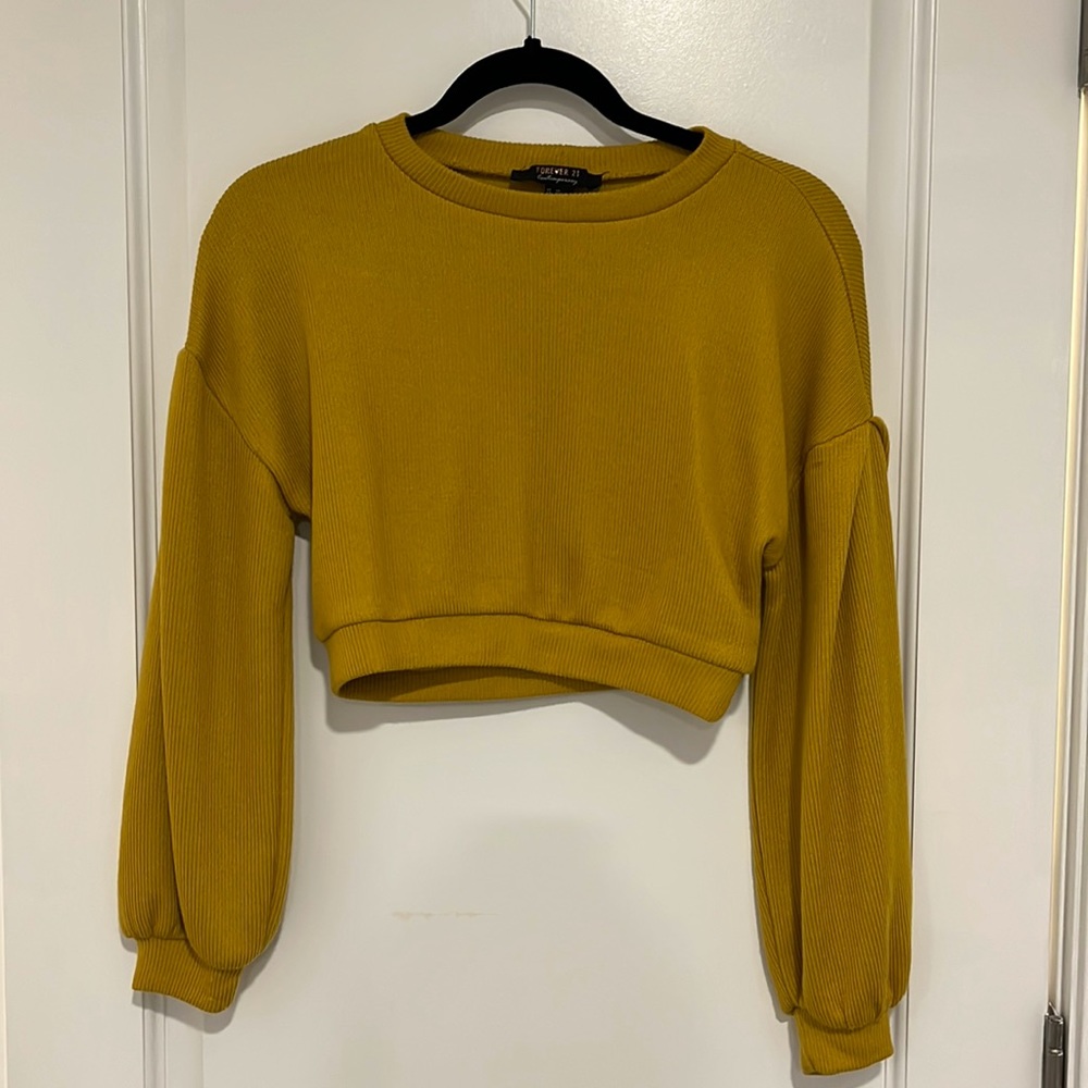 Forever21 cropped yellow/mustard shirt sweater with balloon sleeves